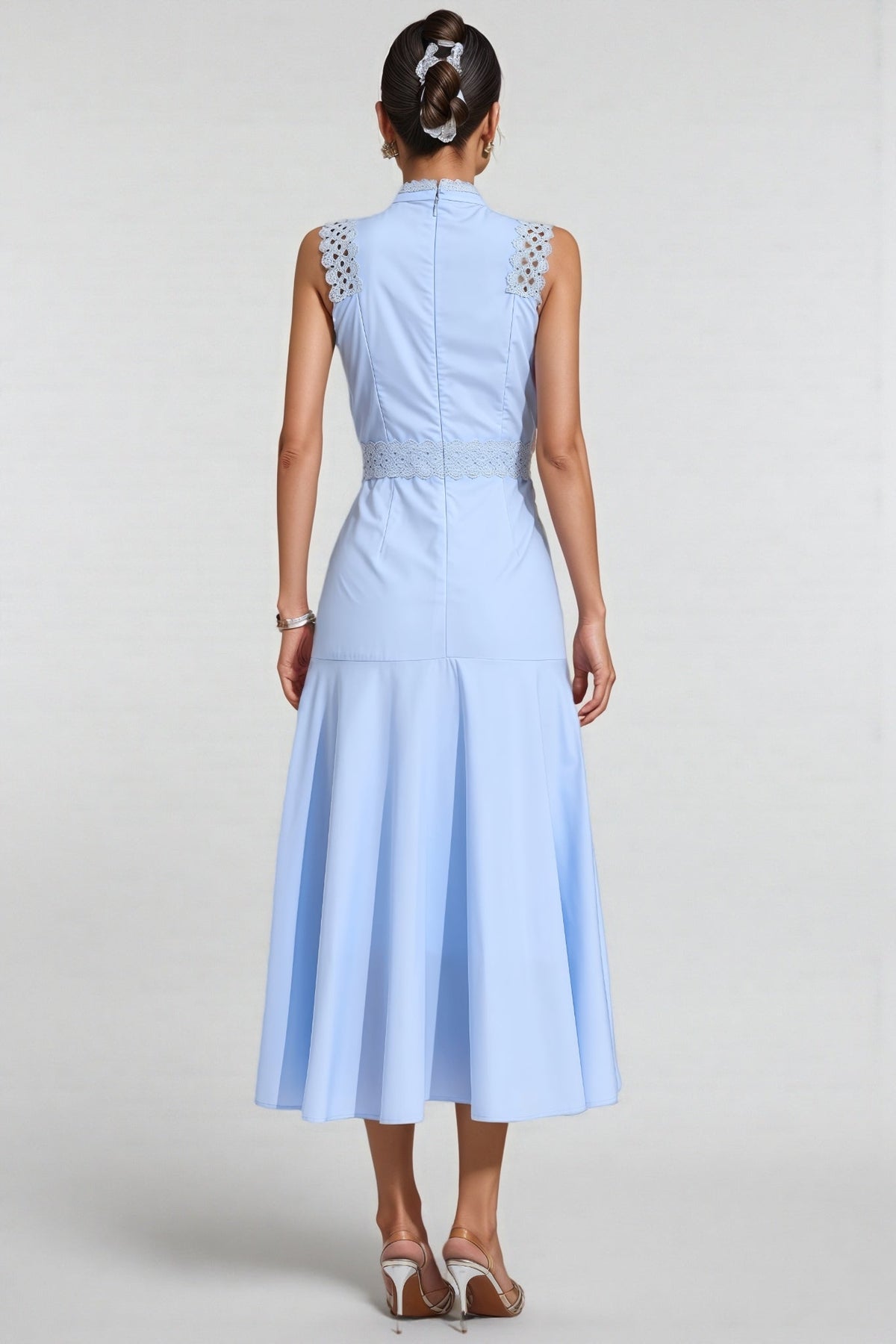 Mock Neck Sleeveless Lace Trim Panel A-Line Midi Dress 6
