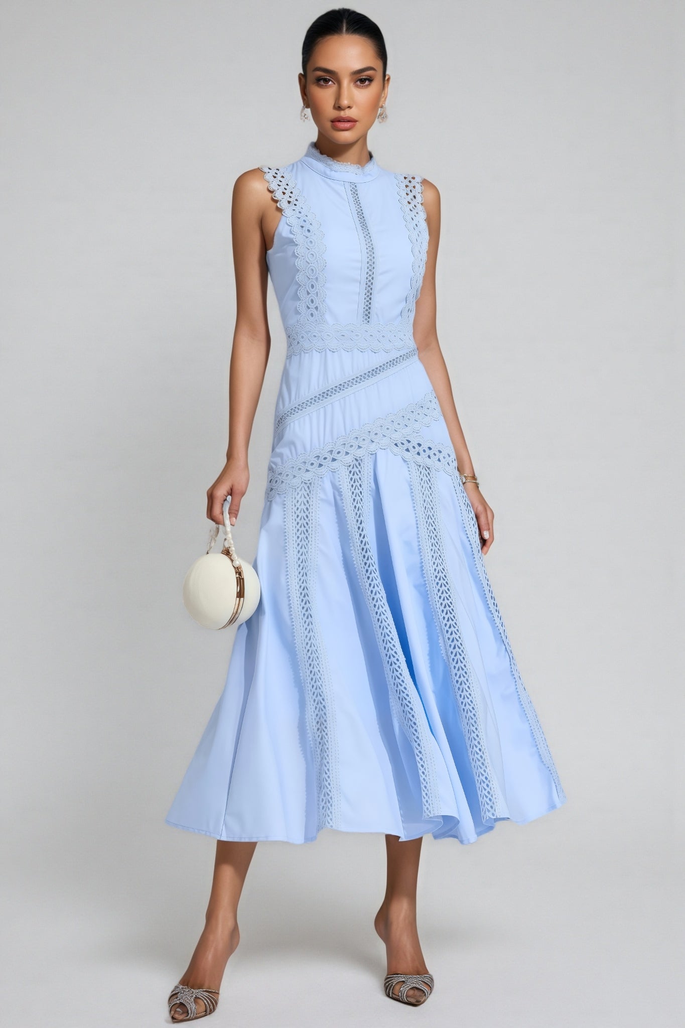 Arwty Blue Sleeveless Lace Midi Dress - View 5