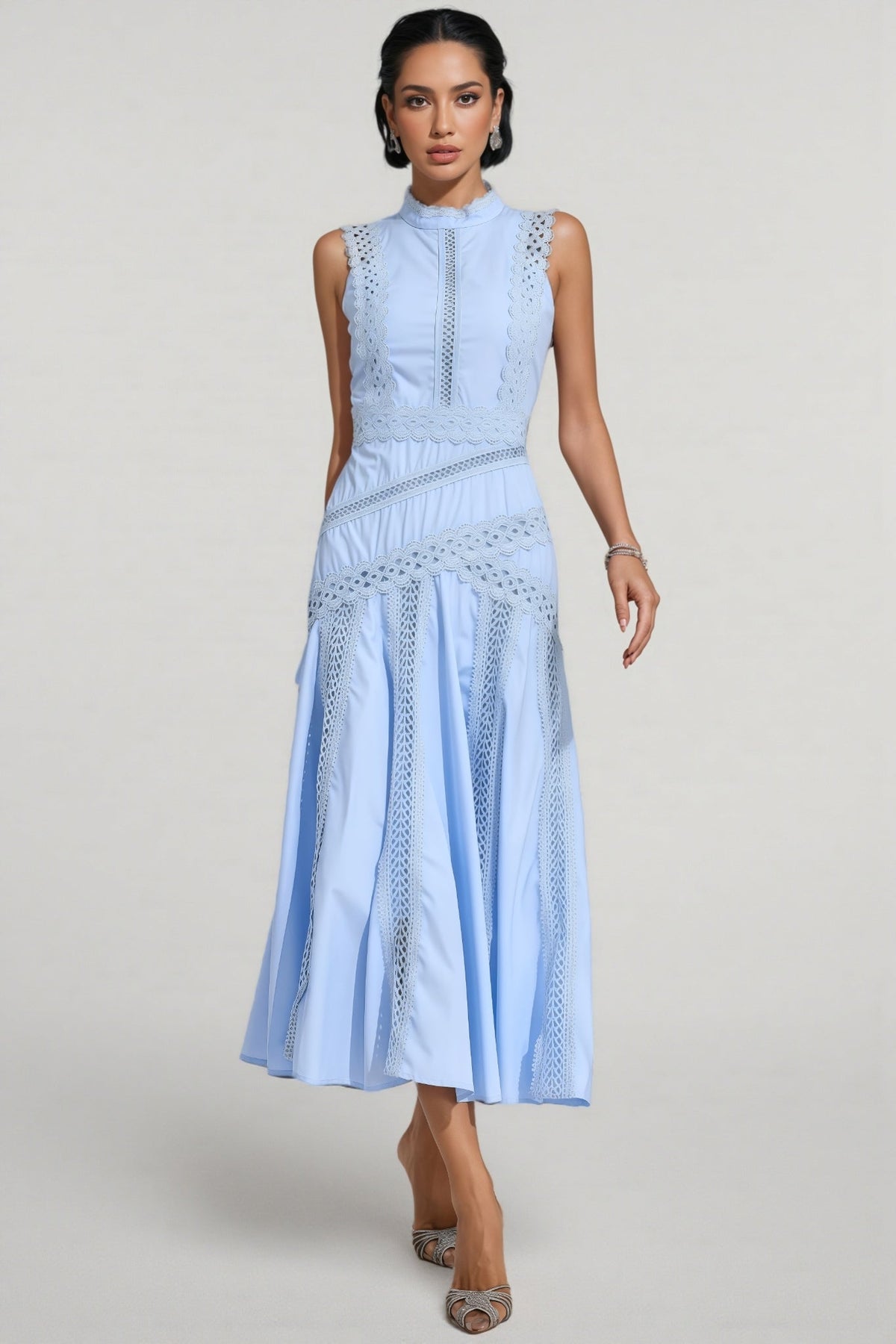 Mock Neck Sleeveless Lace Trim Panel A-Line Midi Dress 2
