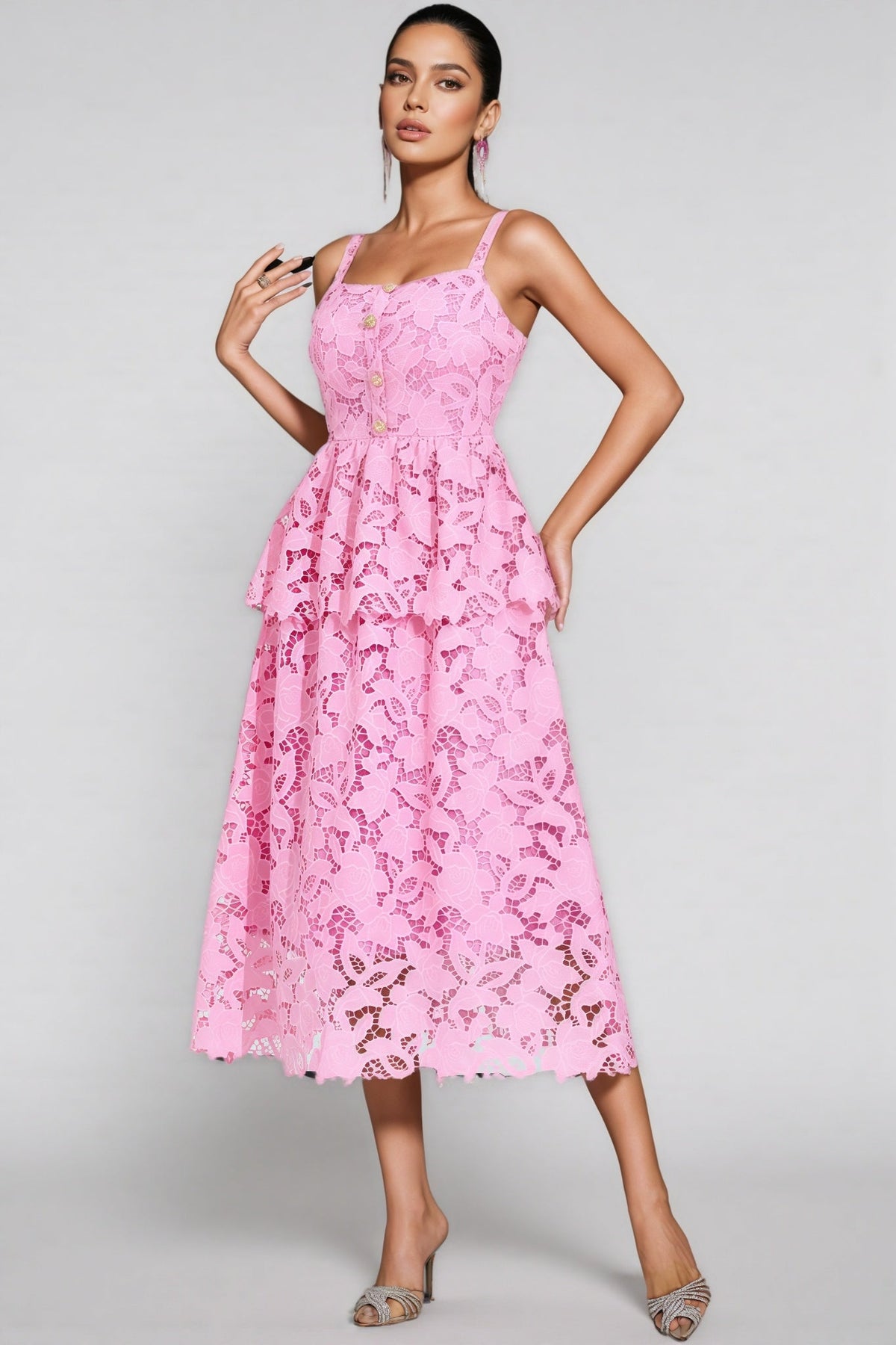 Guipure Lace Sweetheart Neck Button Front Tiered Peplum Midi Dress