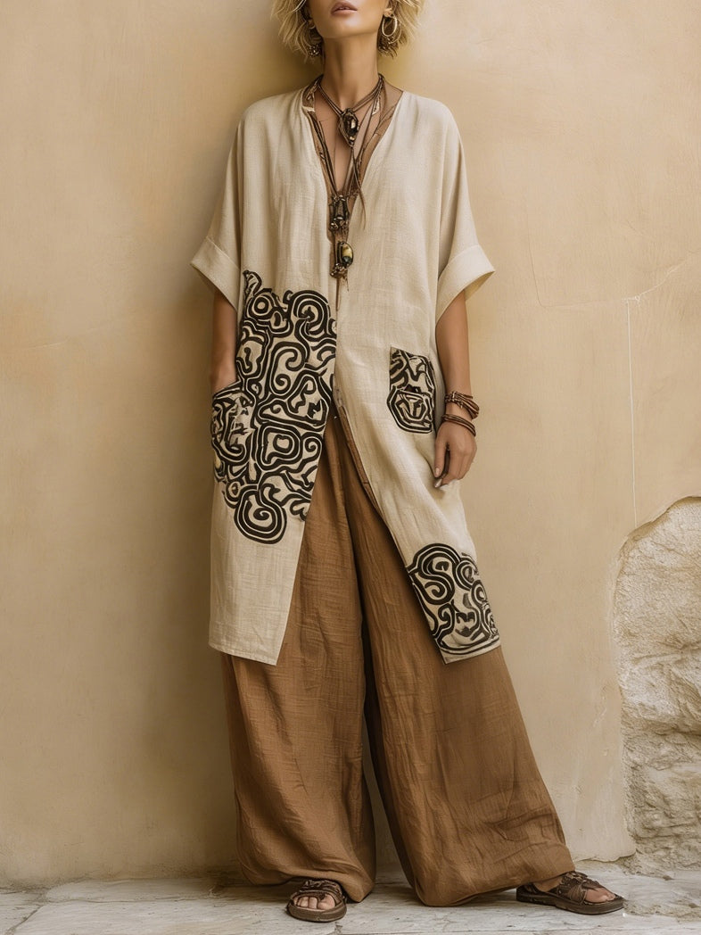 Appliqué Linen Look Kimono Tunic and Wide Leg Pants Three Piece Set