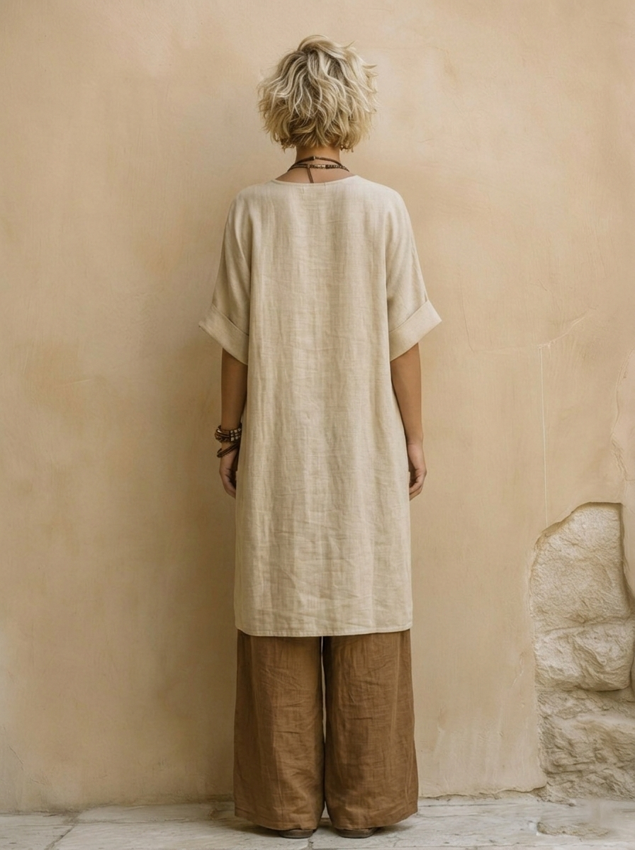 Appliqué Linen Look Kimono Tunic and Wide Leg Pants Three Piece Set