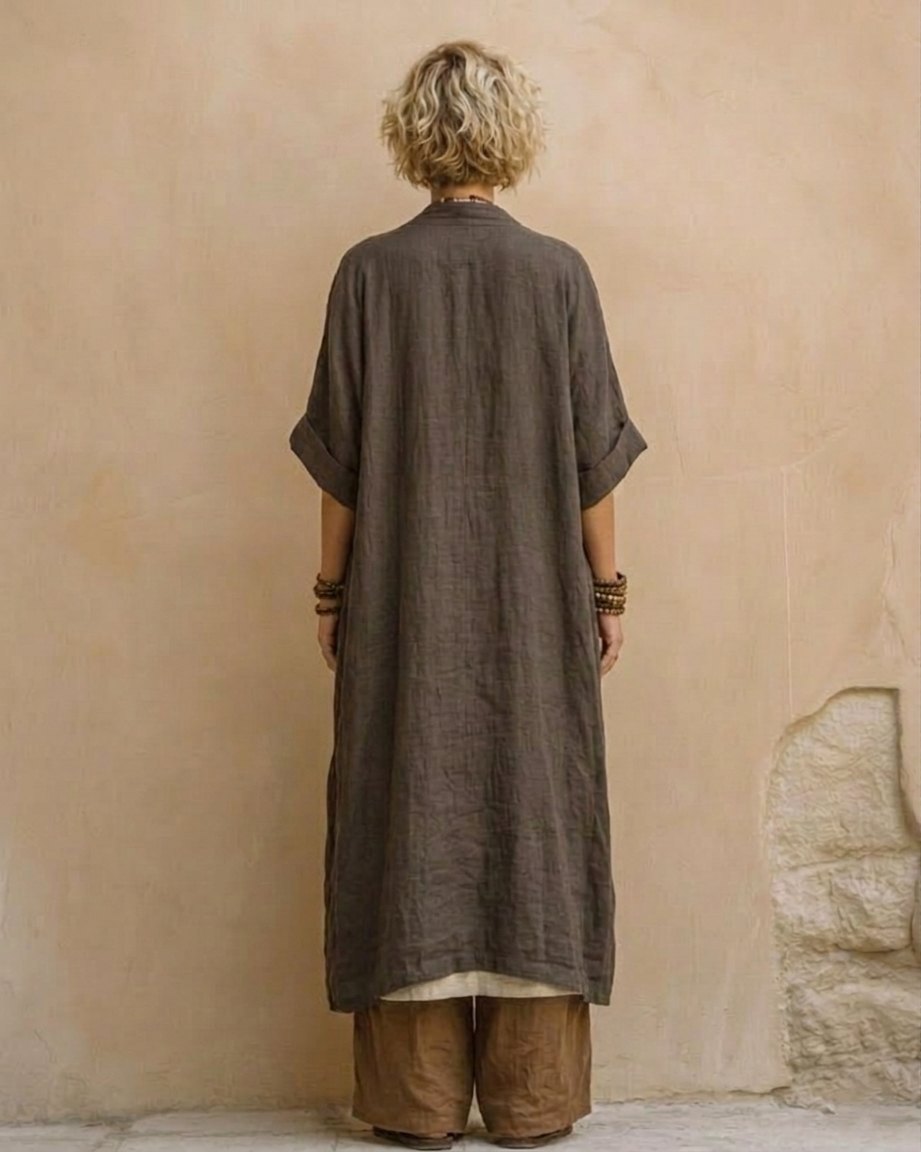 Appliqué Linen Look Kimono Tunic and Wide Leg Pants Three Piece Set