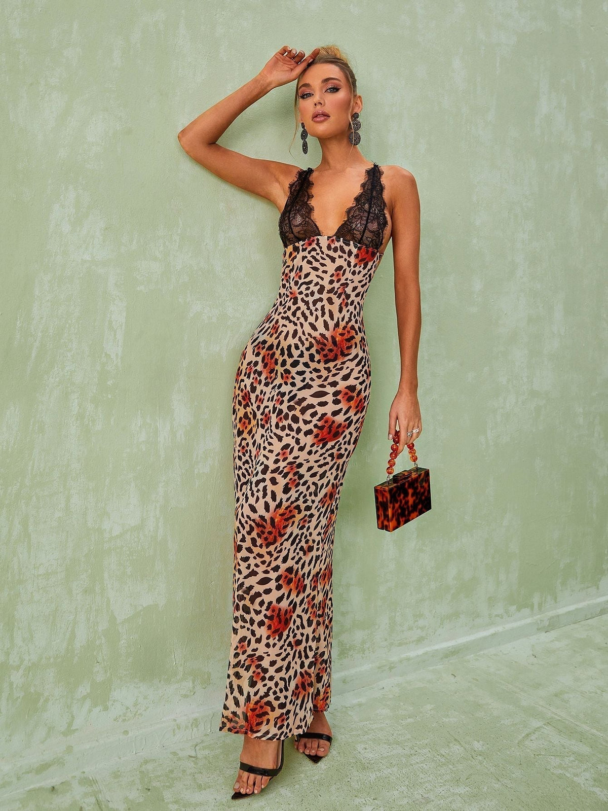 Leopard Print Lace Trim Deep V-Neck Sleeveless Bodycon Maxi Dress