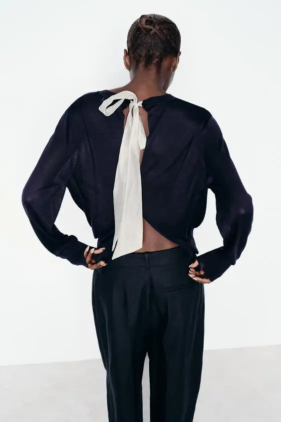 Color Contrasting Bow Bat Sleeve Cardigan Navy Blue / S