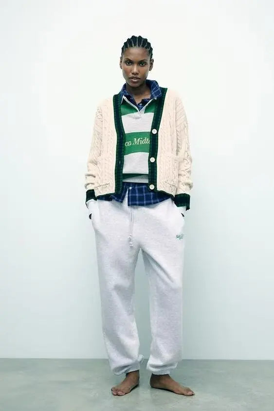 V-Neck Cable Knit Contrast Striped Trim Button Front Pocket Cardigan 3