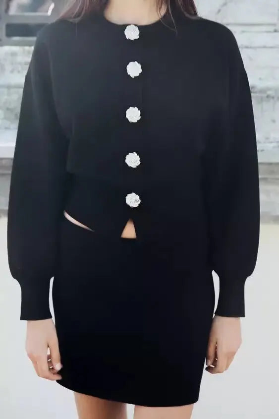 Crew Neck Rosette Button Front Balloon Sleeve Cropped Knit Cardigan