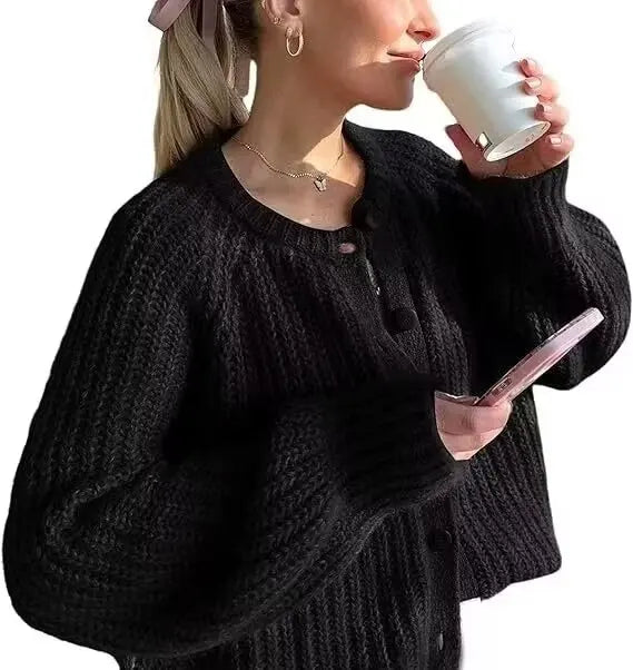 Crew Neck Button Front Chunky Knit Balloon Sleeve Cardigan