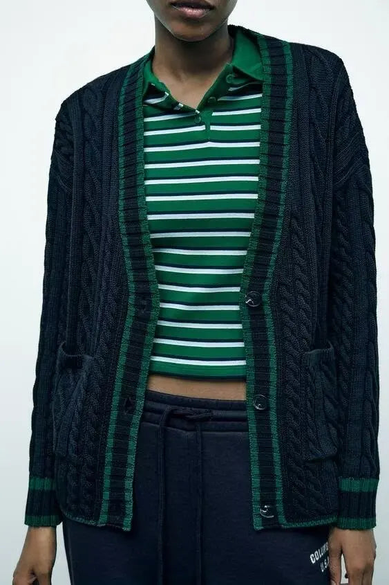 V-Neck Cable Knit Contrast Stripe Trim Button Front Pocket Cardigan
