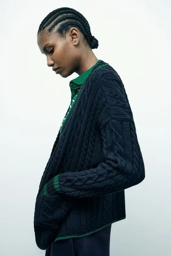 V-Neck Cable Knit Contrast Stripe Trim Button Front Pocket Cardigan 5