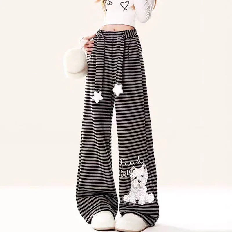 Striped Dog Print Star Drawstring Wide Leg Lounge Pants 3