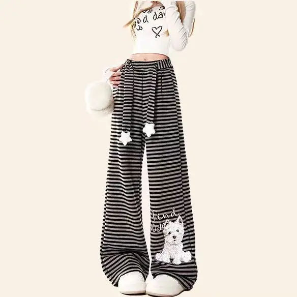 Striped Dog Print Star Drawstring Wide Leg Lounge Pants 6