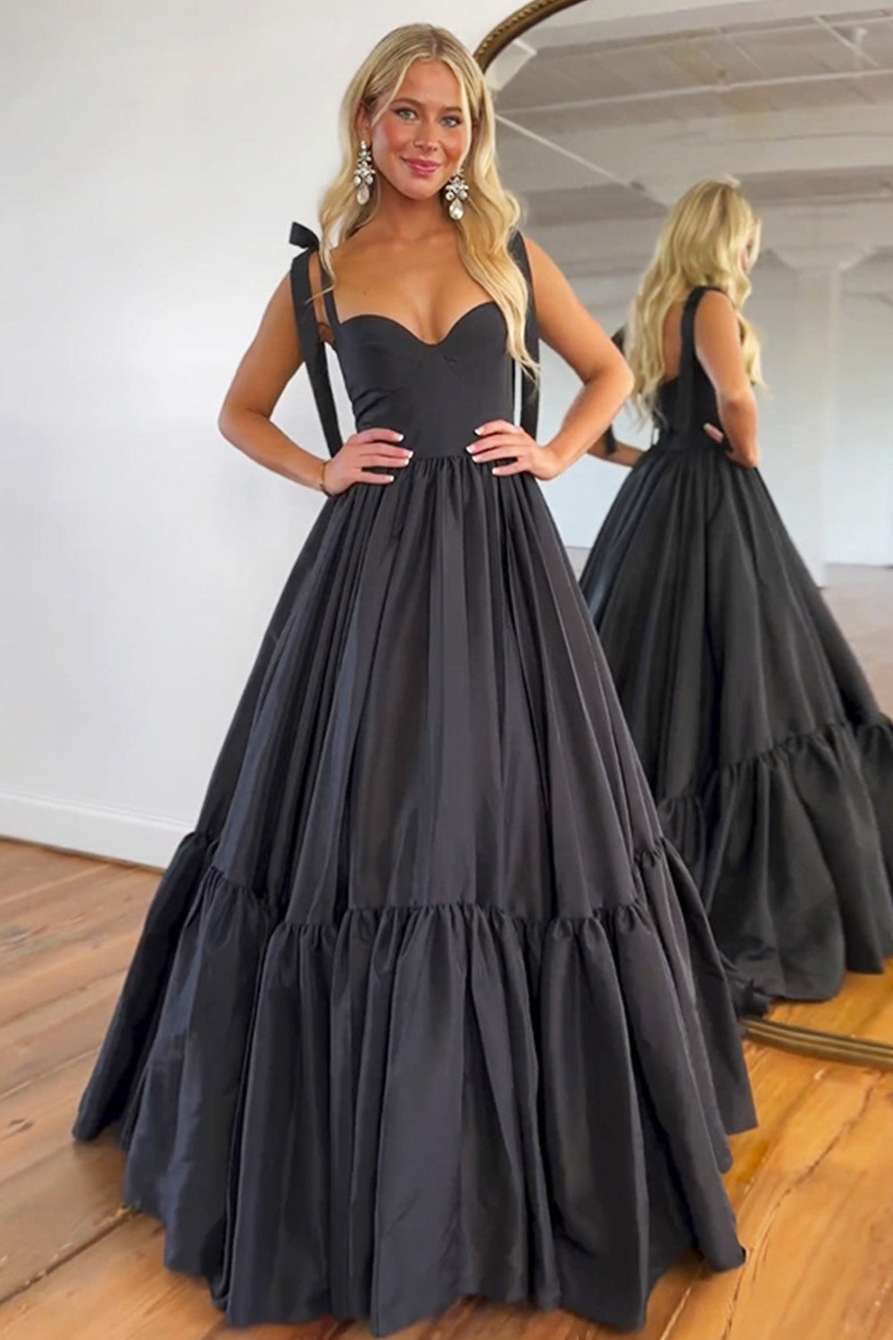 Cute Black A-Line Satin Tie Straps Long Prom Dress