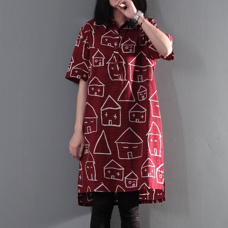 Sweet house print cotton shift dress sundress plus size summer blouse