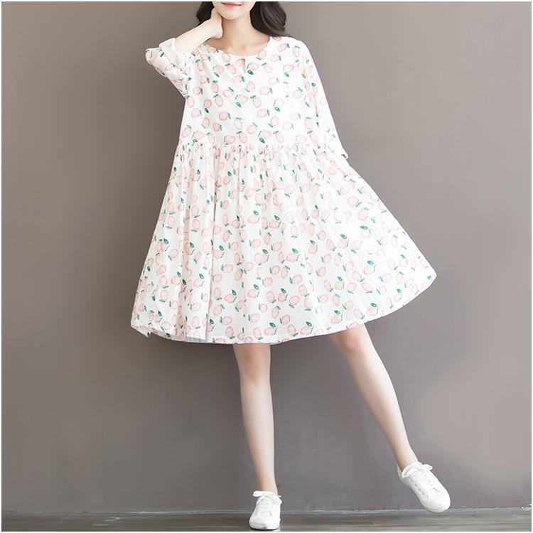 Sweet peach print cotton dress loose casual style traveling dresses