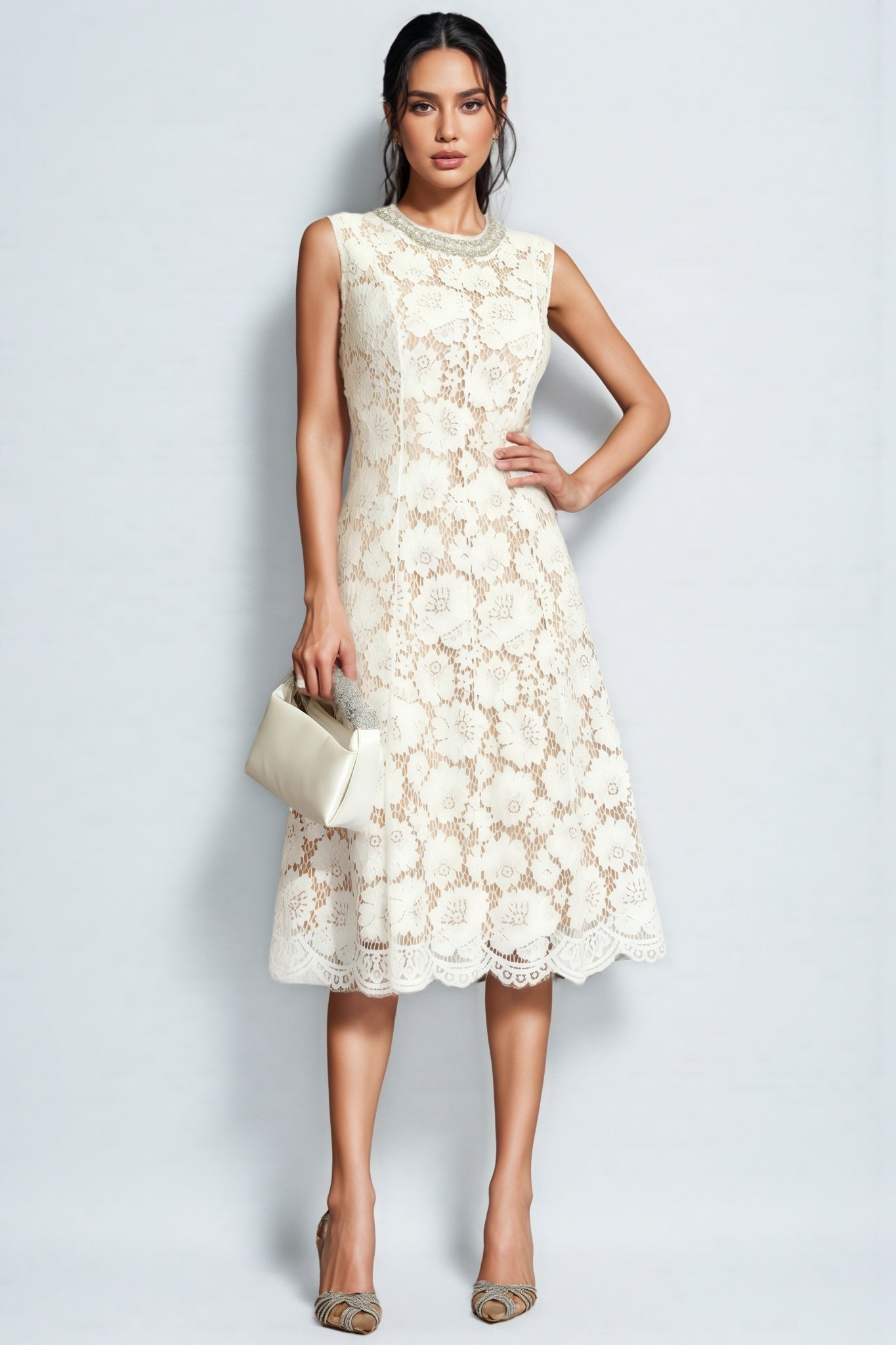 Carlota White Lace Embellished Midi Dress - View 5