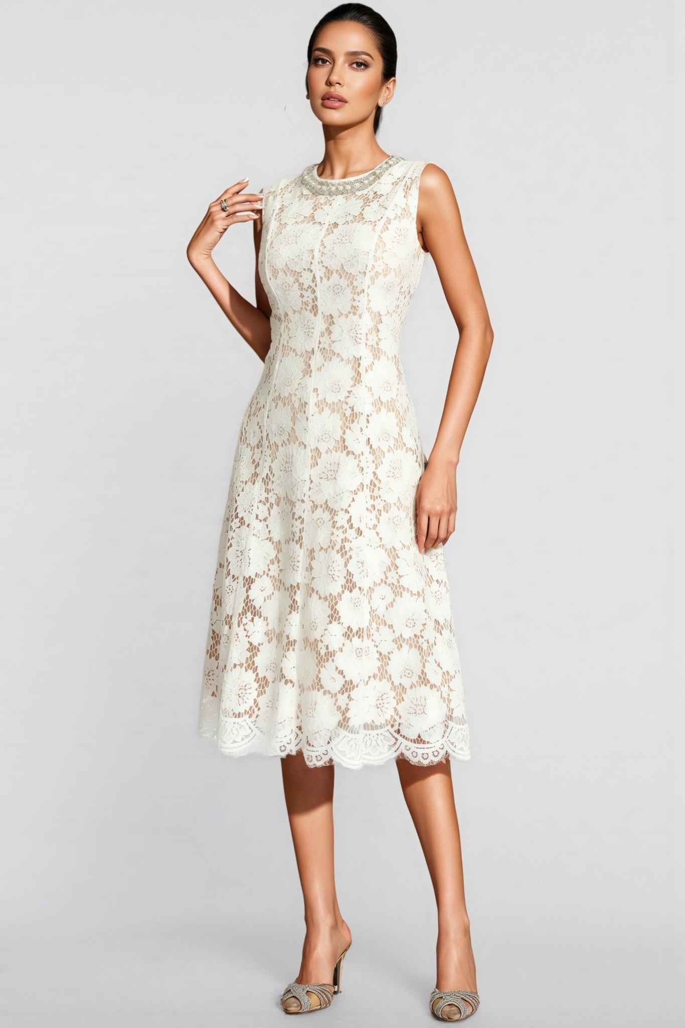 Carlota White Lace Embellished Midi Dress