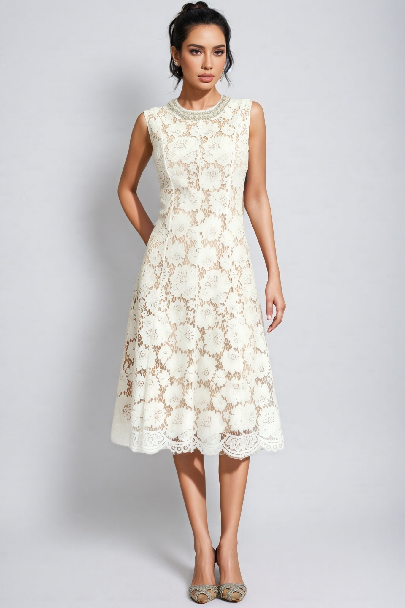 Carlota White Lace Embellished Midi Dress - View 4