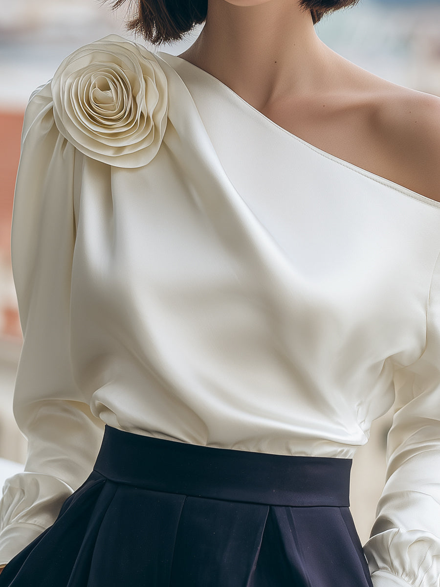 One Shoulder Long Sleeve 3D Flower Satin Top