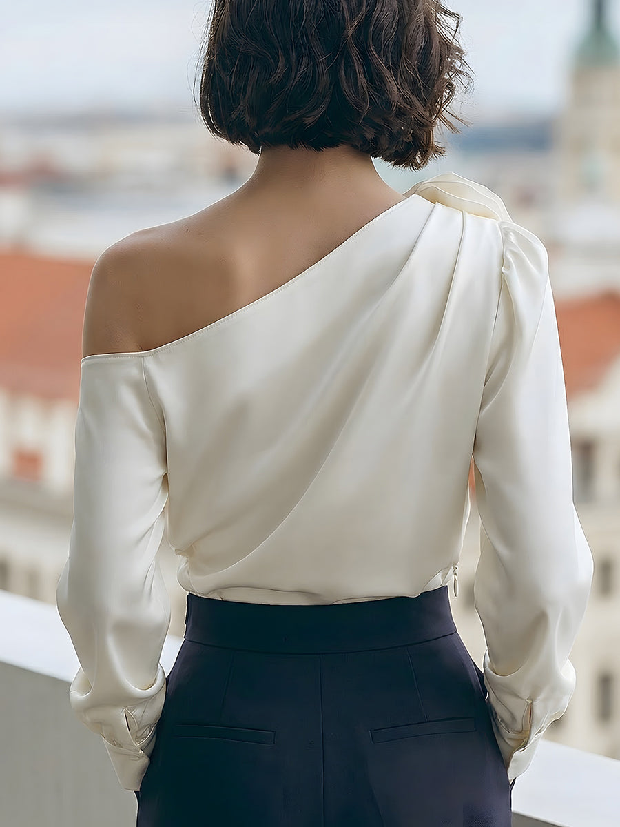 One Shoulder Long Sleeve 3D Flower Satin Top