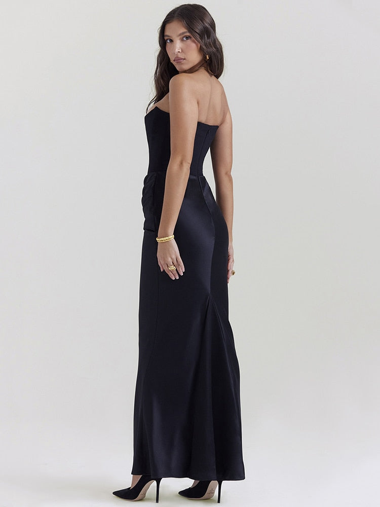 Satin Strapless Corset Ruched Waist Mermaid Maxi Dress