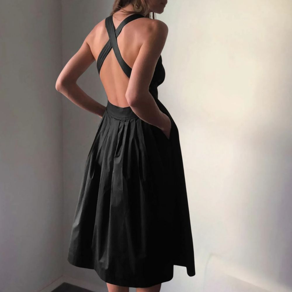 Cross Back High Waist Pleated A-Line Maxi Dress