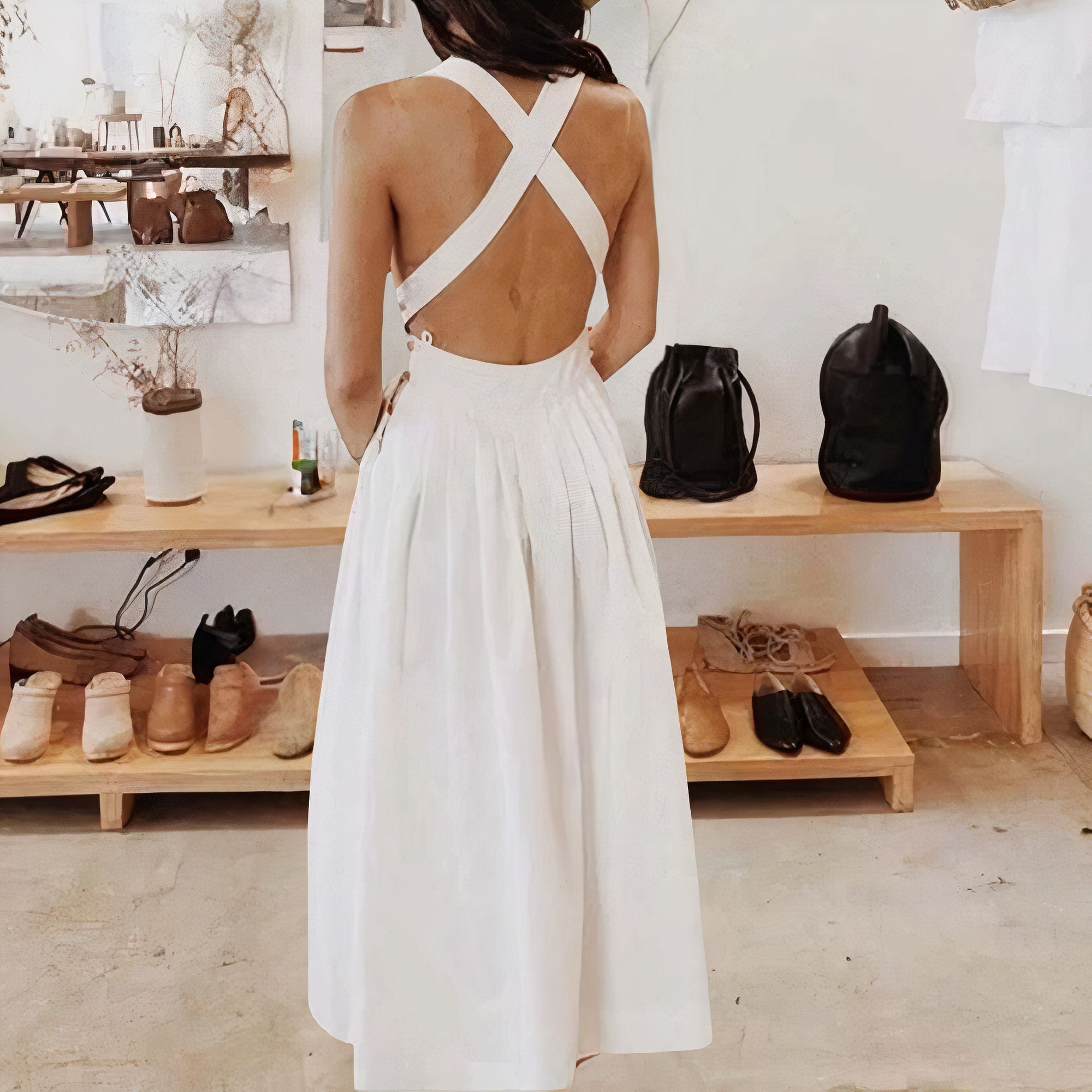 Cross Back High Waist Pleated A-Line Maxi Dress