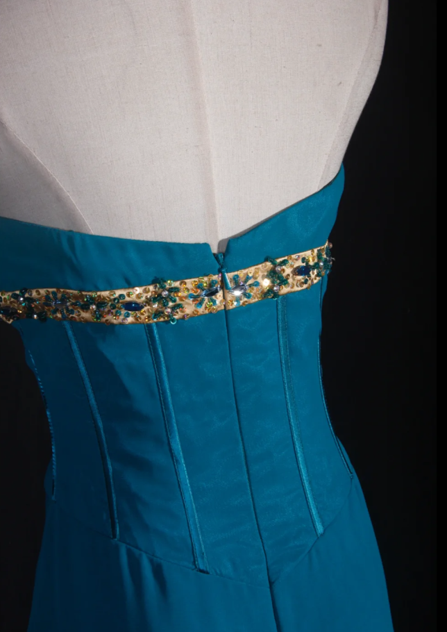 Elegant Blue-green Strapless Chiffon Layered Mermaid Long Evening Dress Formal Wedding Guest Dress With Beads