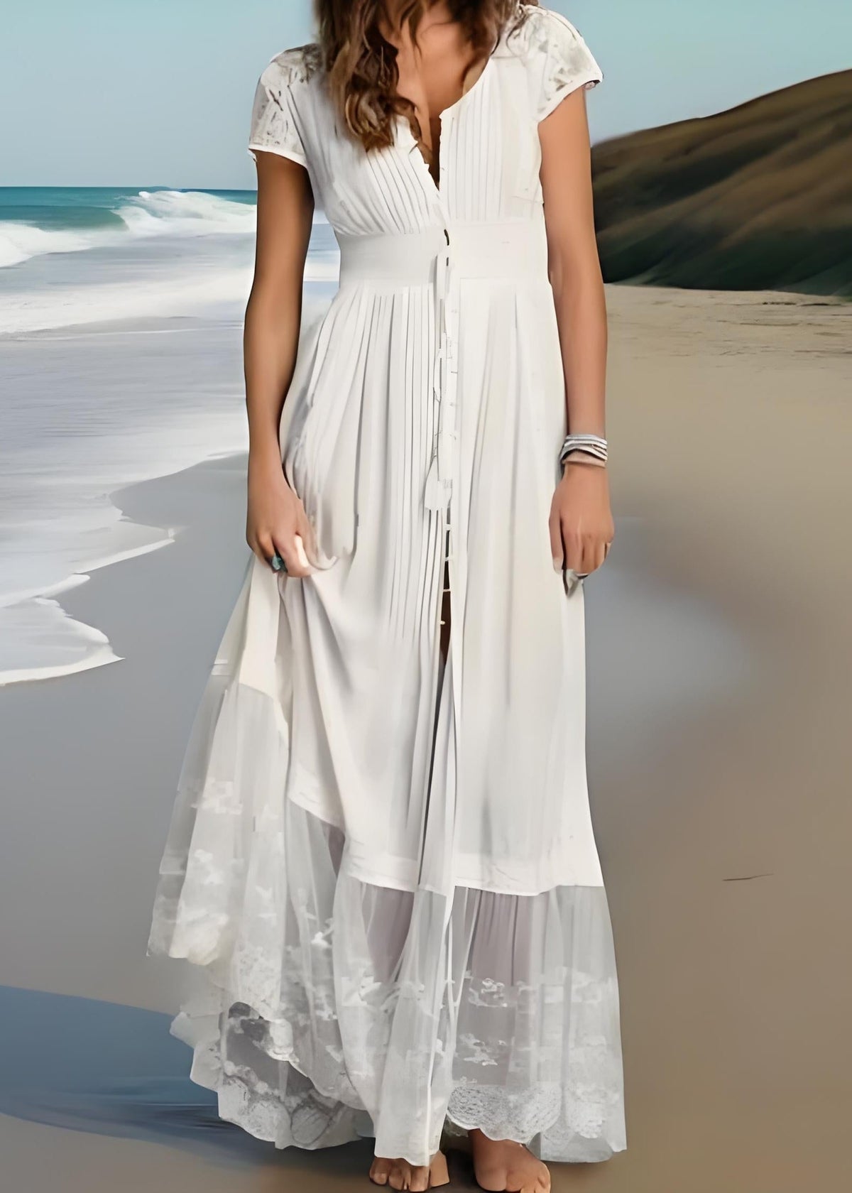 Short Sleeve V-Neck Pleated Button Front Lace Hem Maxi Dress