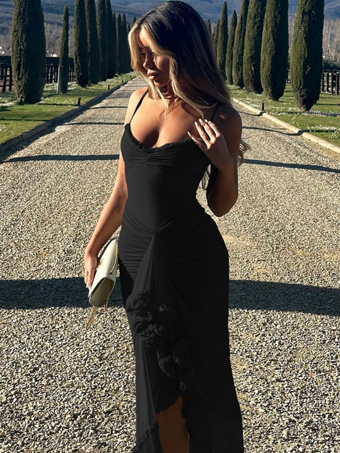 Spaghetti Strap Sweetheart Ruched Mesh High Low Cascade Ruffle Maxi Dress