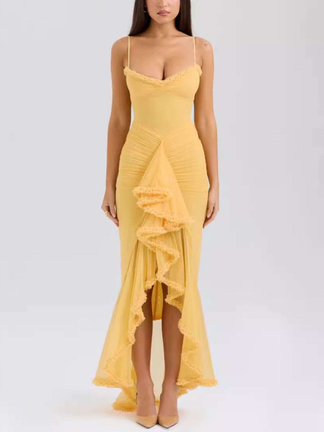 Spaghetti Strap Sweetheart Ruched Mesh High Low Cascade Ruffle Maxi Dress
