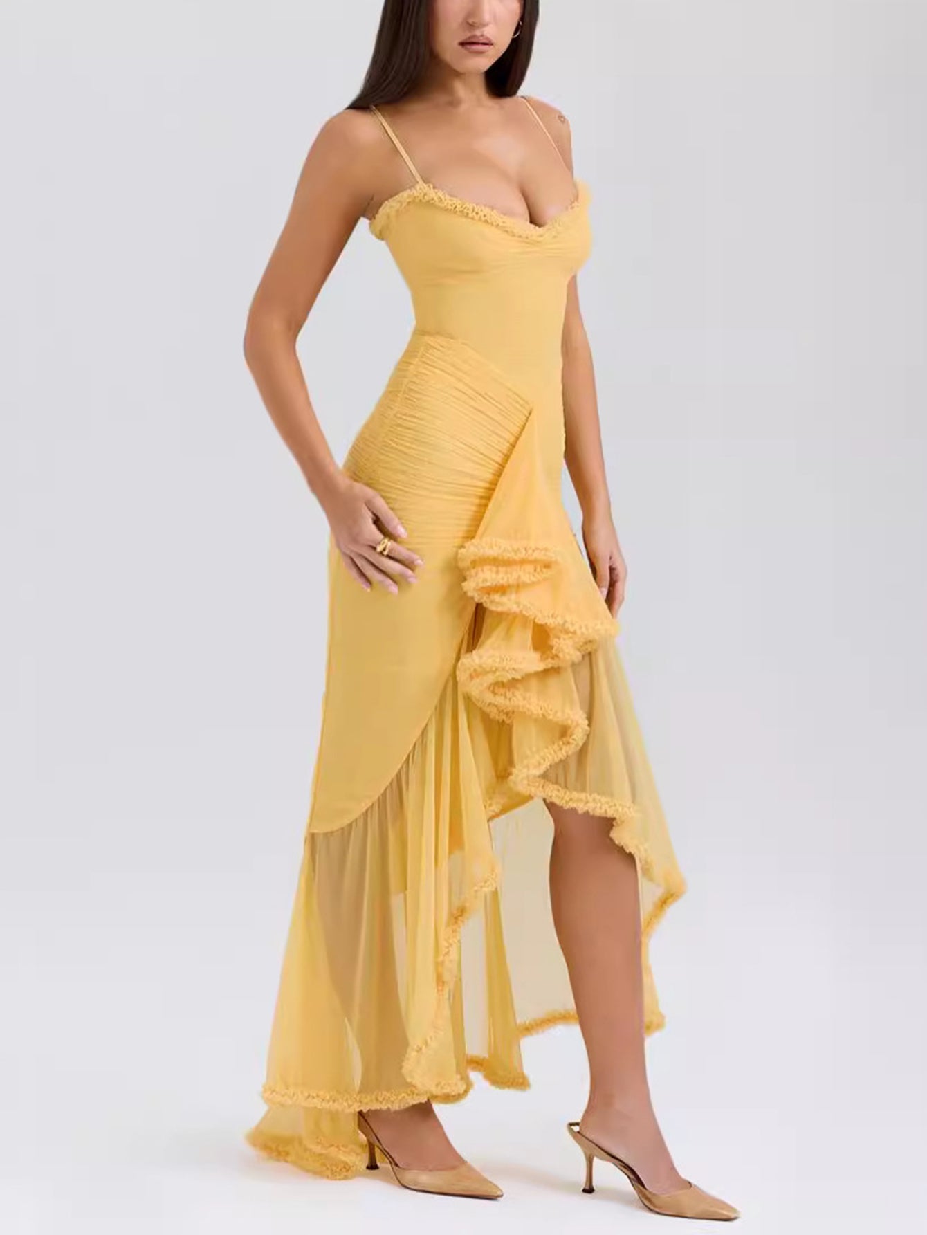 Spaghetti Strap Sweetheart Ruched Mesh High Low Cascade Ruffle Maxi Dress