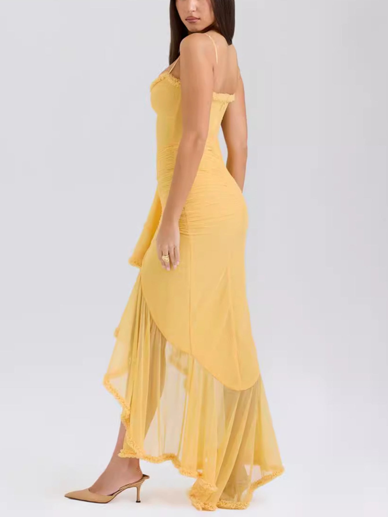 Spaghetti Strap Sweetheart Ruched Mesh High Low Cascade Ruffle Maxi Dress