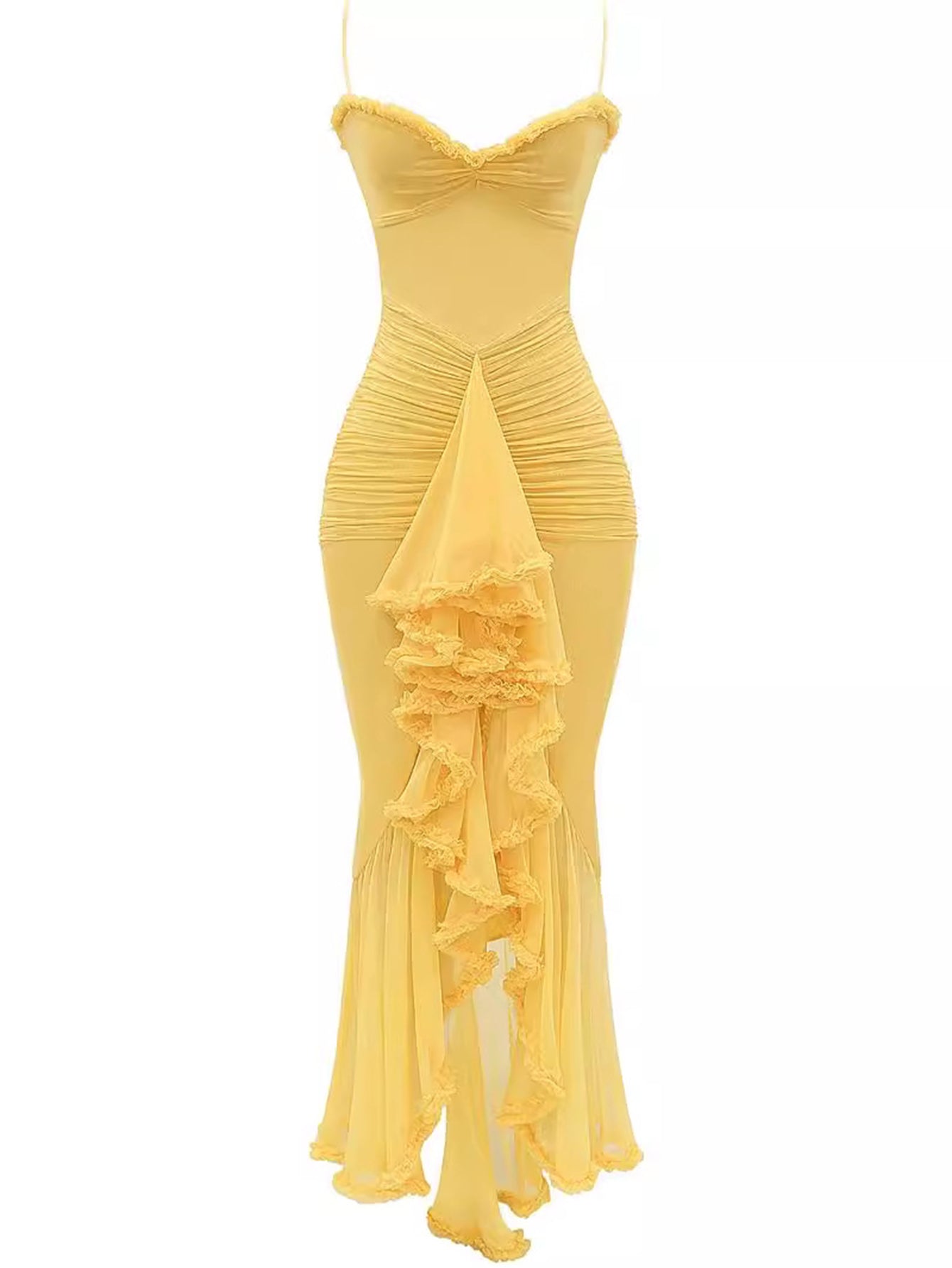 Spaghetti Strap Sweetheart Ruched Mesh High Low Cascade Ruffle Maxi Dress