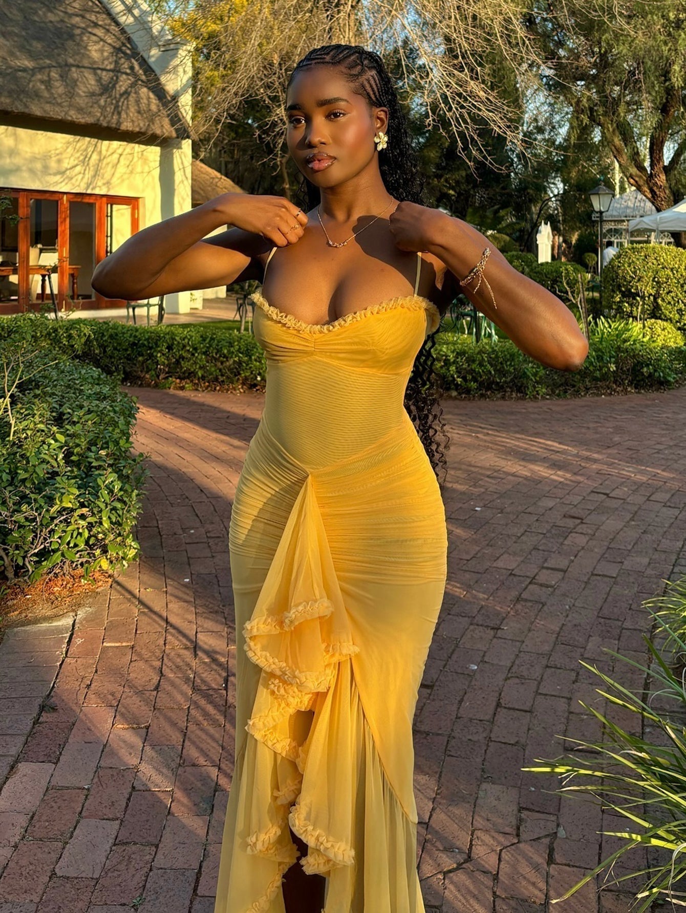 Spaghetti Strap Sweetheart Ruched Mesh High Low Cascade Ruffle Maxi Dress
