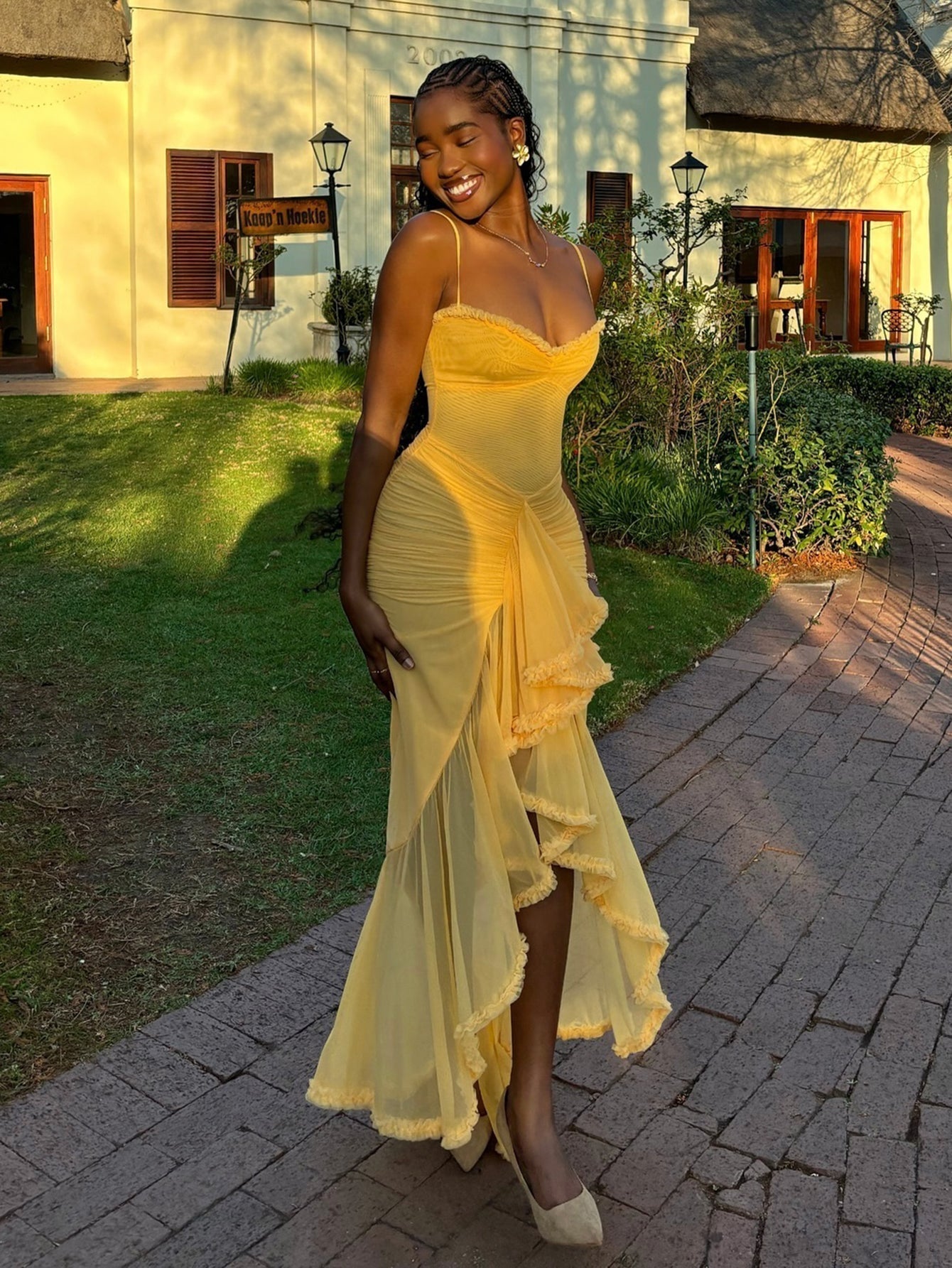 Spaghetti Strap Sweetheart Ruched Mesh High Low Cascade Ruffle Maxi Dress