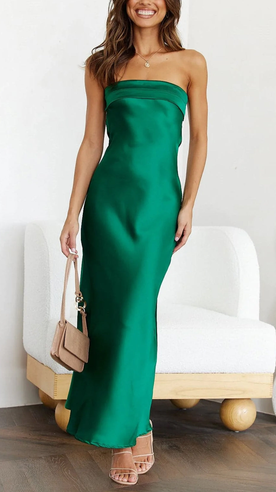 Satin Strapless Fold Over Neck Bodycon Column Maxi Gown