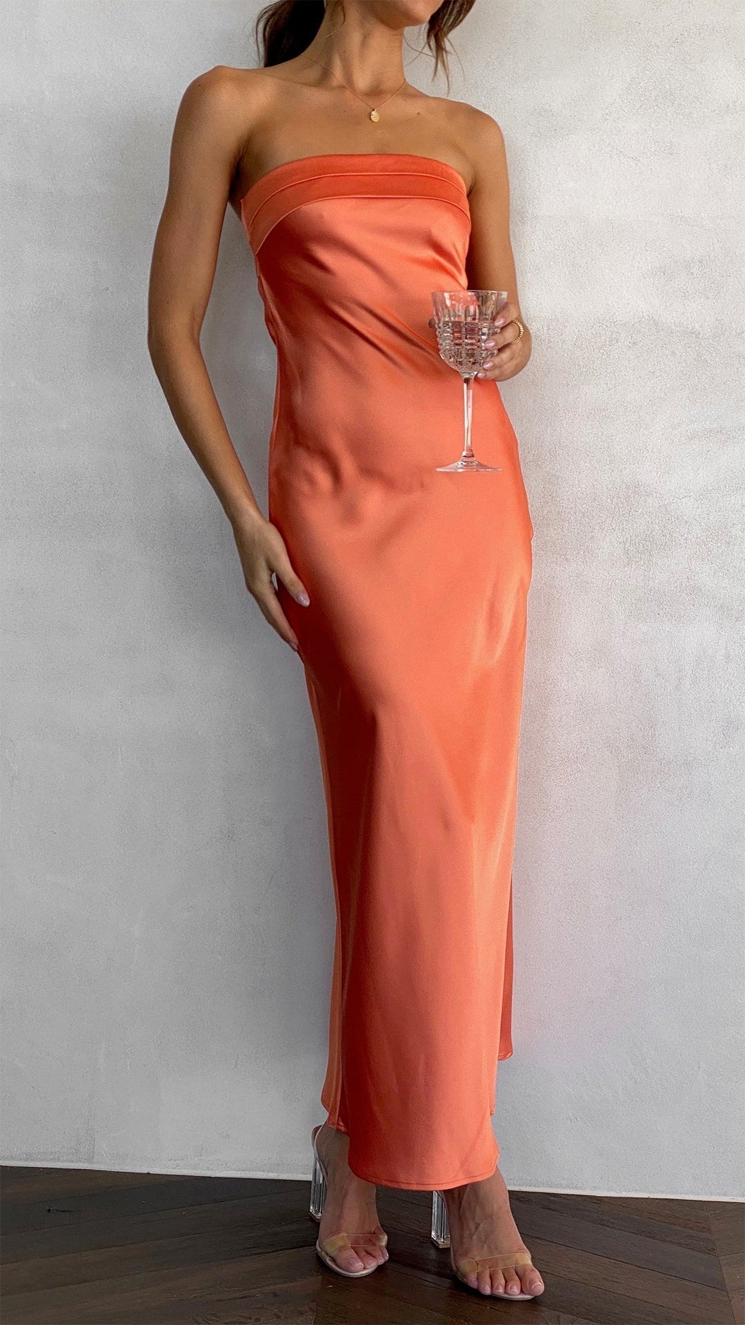Satin Strapless Fold Over Neck Bodycon Column Maxi Gown