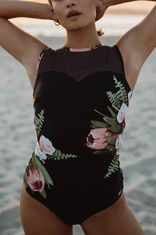 Floral Mesh Backless One Piece Swimwear
