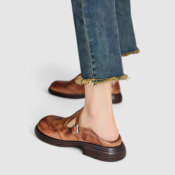 Round Toe T-Strap Buckle Brogue Mary Jane Flats