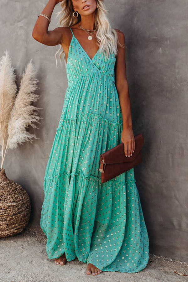 Metallic Dot Spaghetti Strap Tiered Maxi Dress