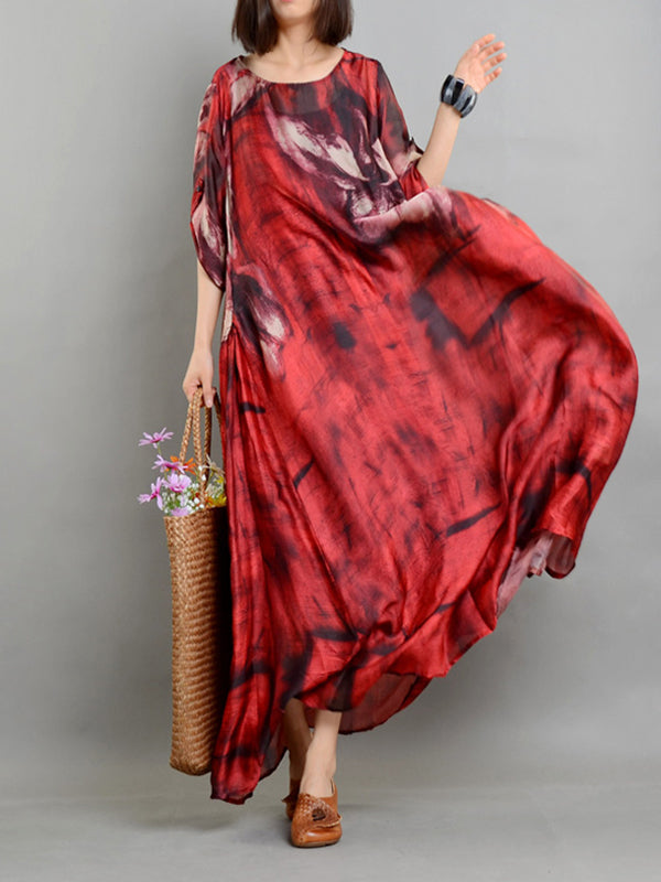 Abstract Print Oversized Round Neck Short Sleeve A-Line Maxi Dress