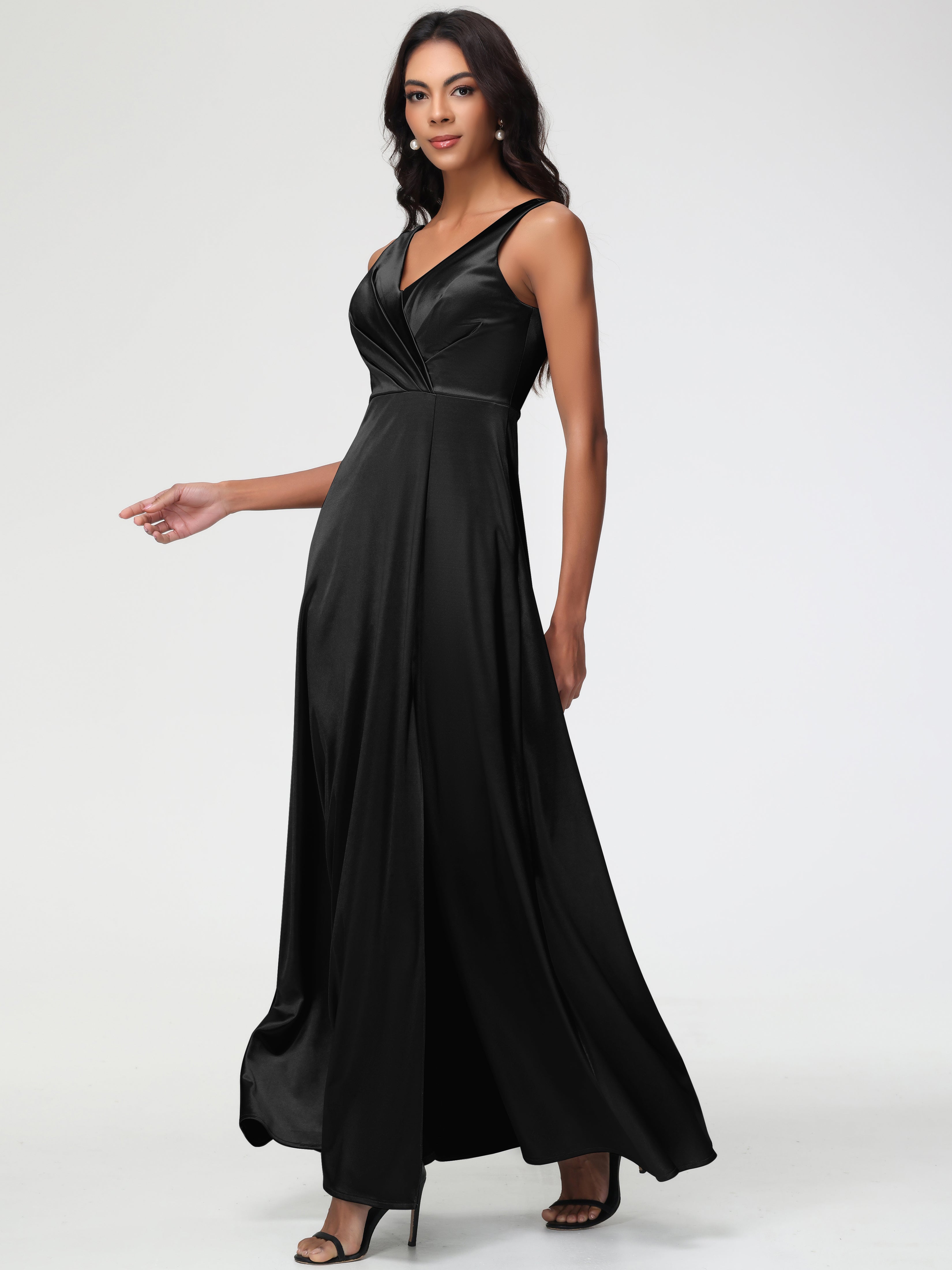 Black Formal Dress Sleeveless Stretch Satin V-Neck Floor Length A Line Long Stretch Satin Formal Dresses