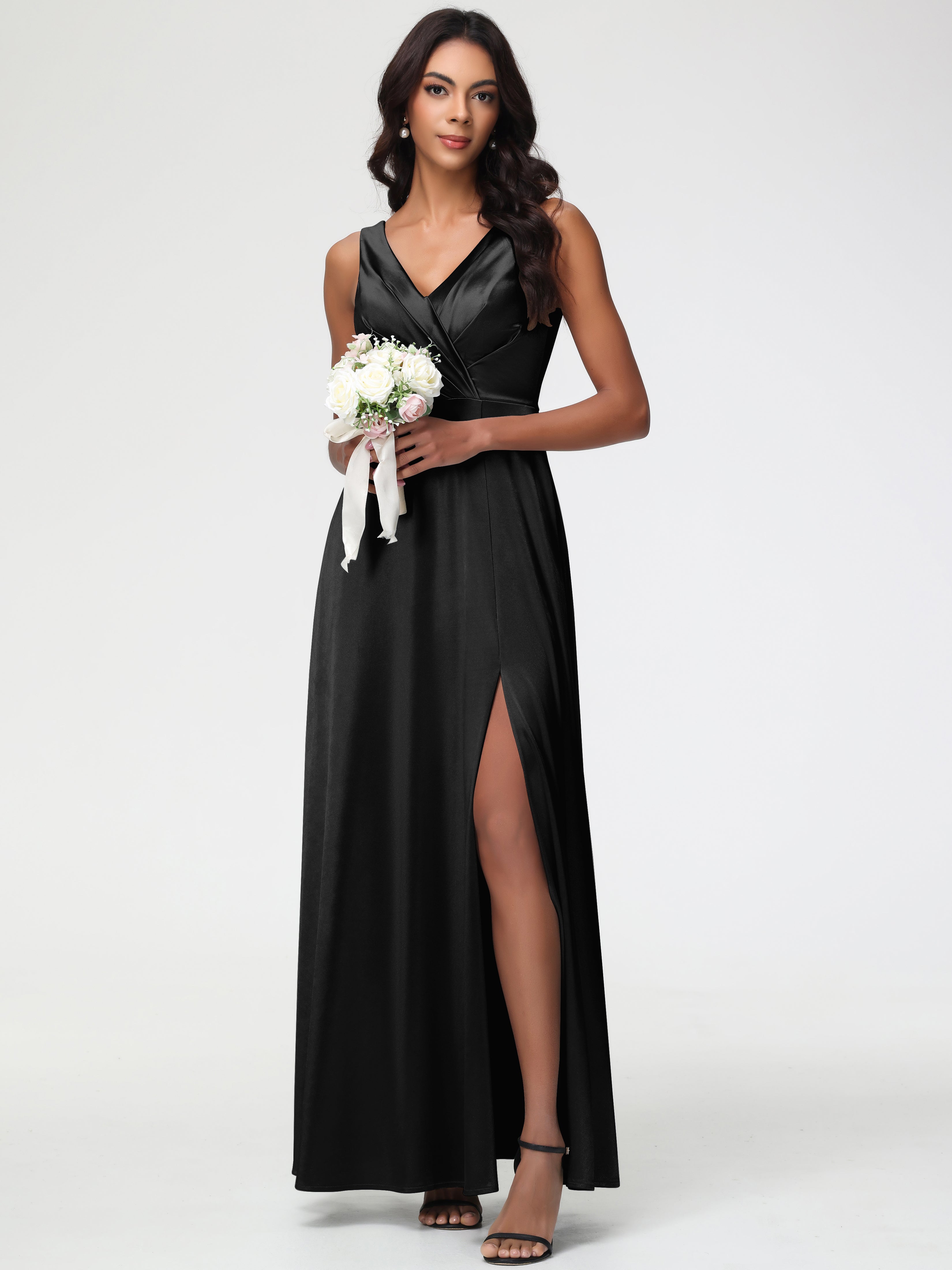 Black Formal Dress Sleeveless Stretch Satin V-Neck Floor Length A Line Long Stretch Satin Formal Dresses