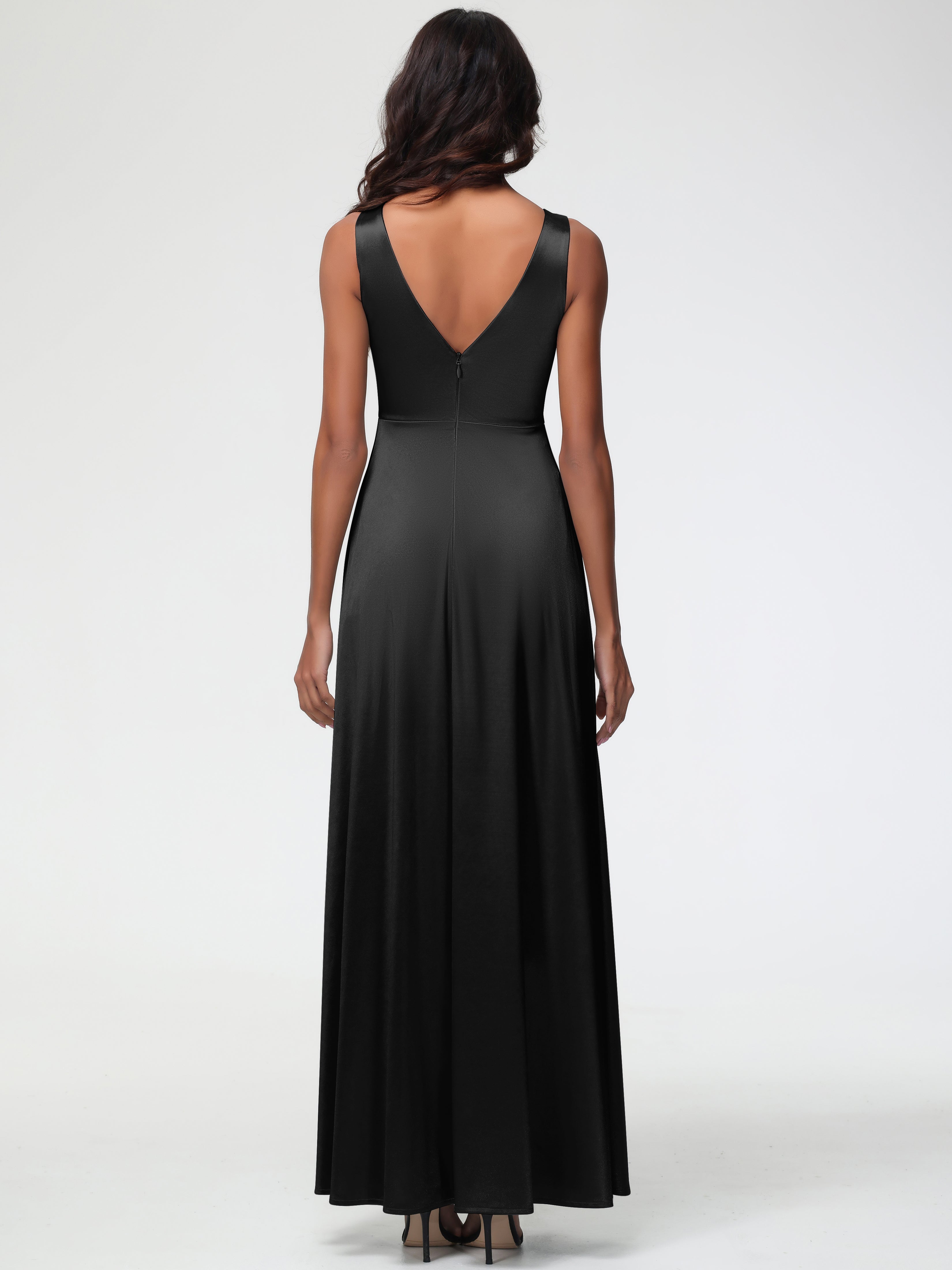 Black Formal Dress Sleeveless Stretch Satin V-Neck Floor Length A Line Long Stretch Satin Formal Dresses