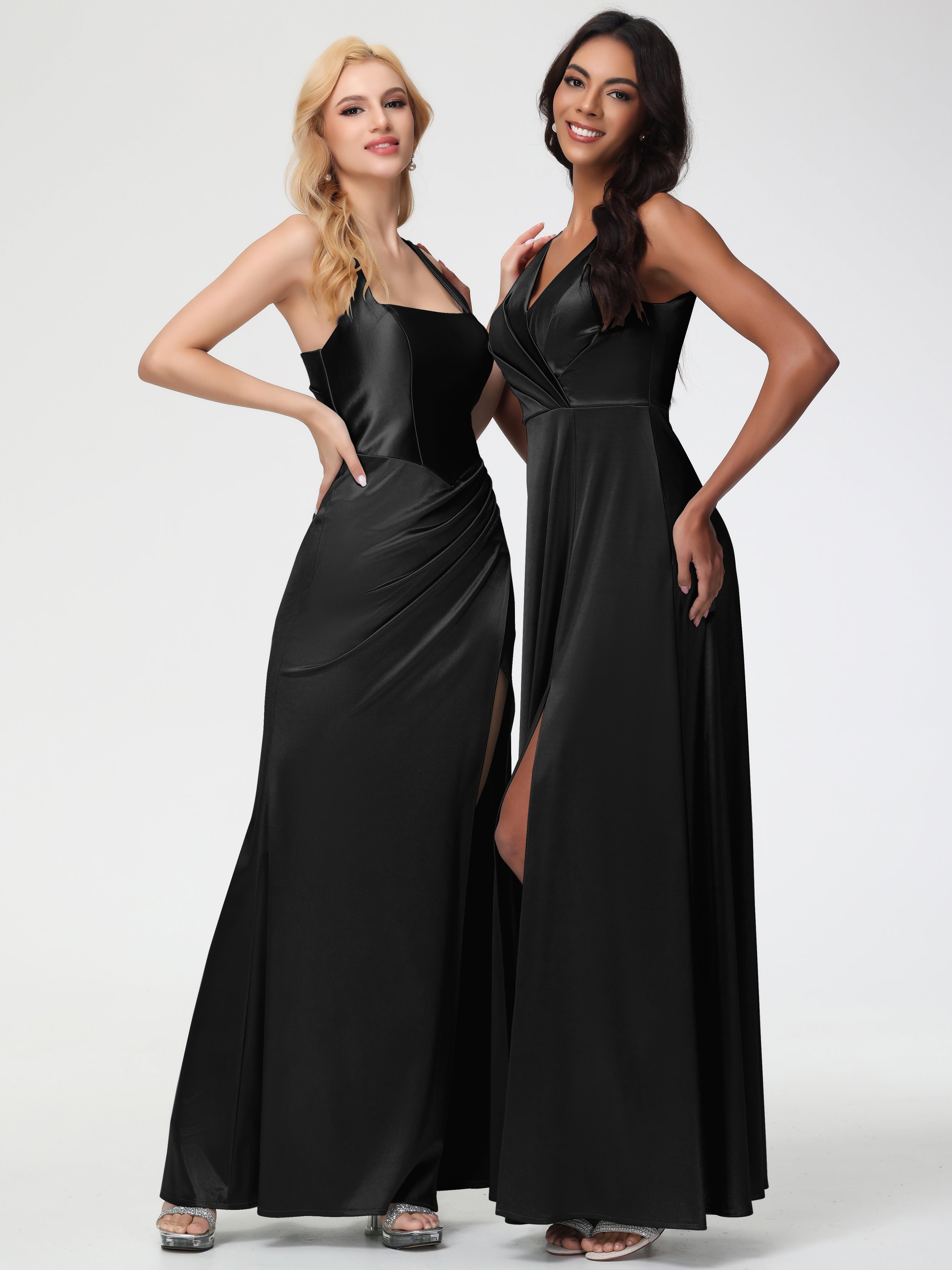 Black Formal Dress Sleeveless Stretch Satin V-Neck Floor Length A Line Long Stretch Satin Formal Dresses