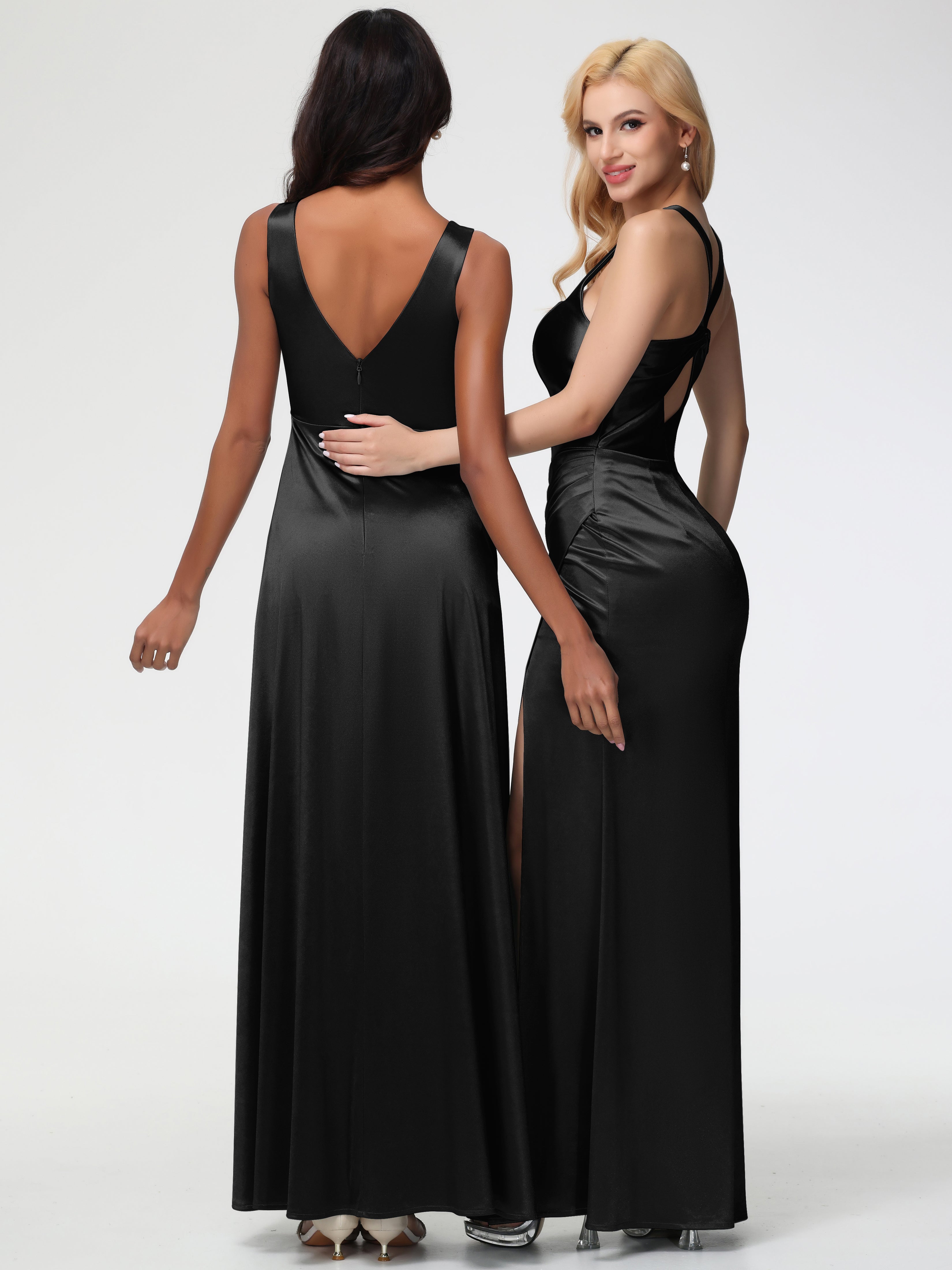 Black Formal Dress Sleeveless Stretch Satin V-Neck Floor Length A Line Long Stretch Satin Formal Dresses