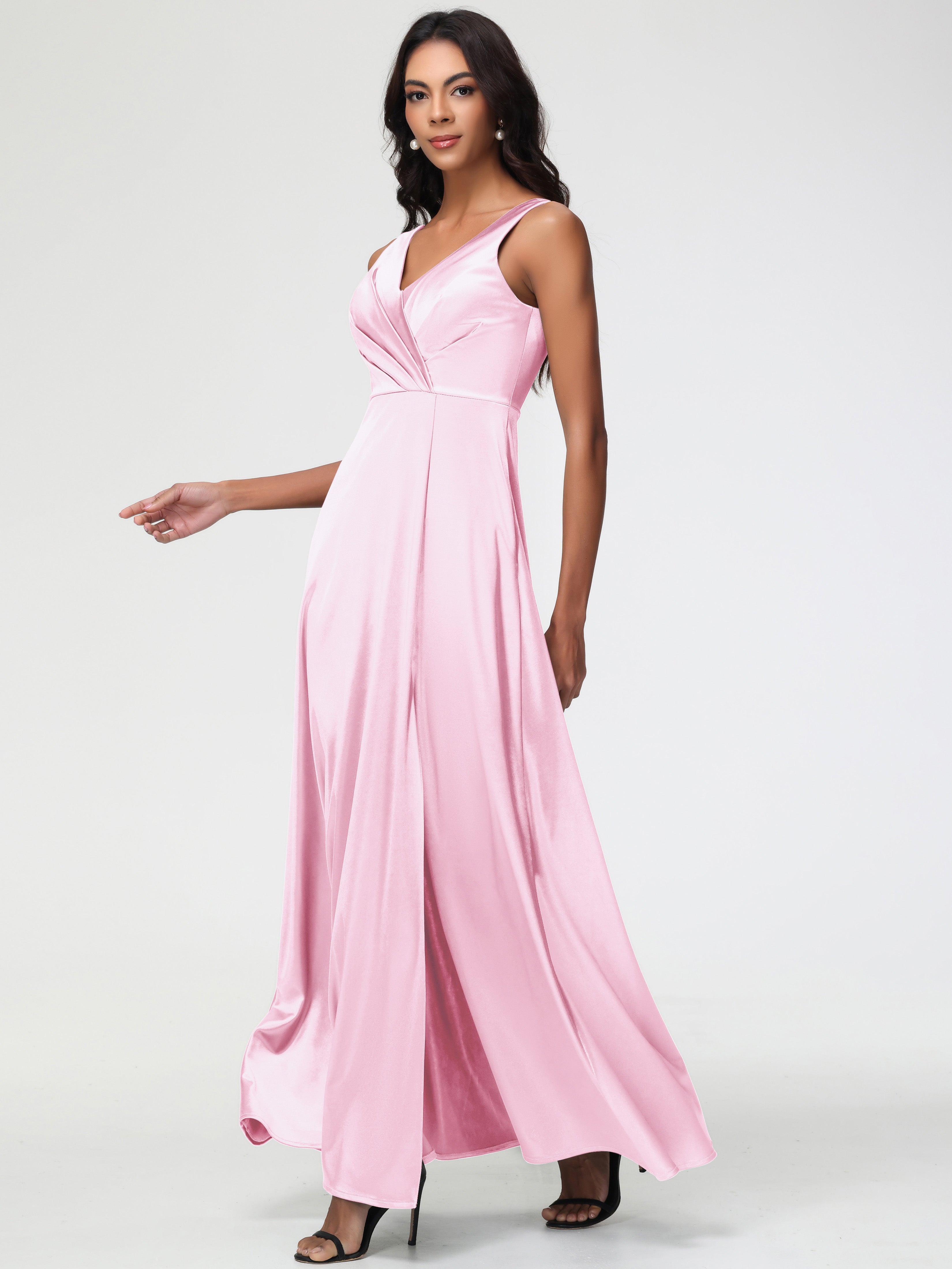 Blushing Pink Formal Dress Sleeveless Stretch Satin V-Neck Floor Length A Line Long Stretch Satin Formal Dresses