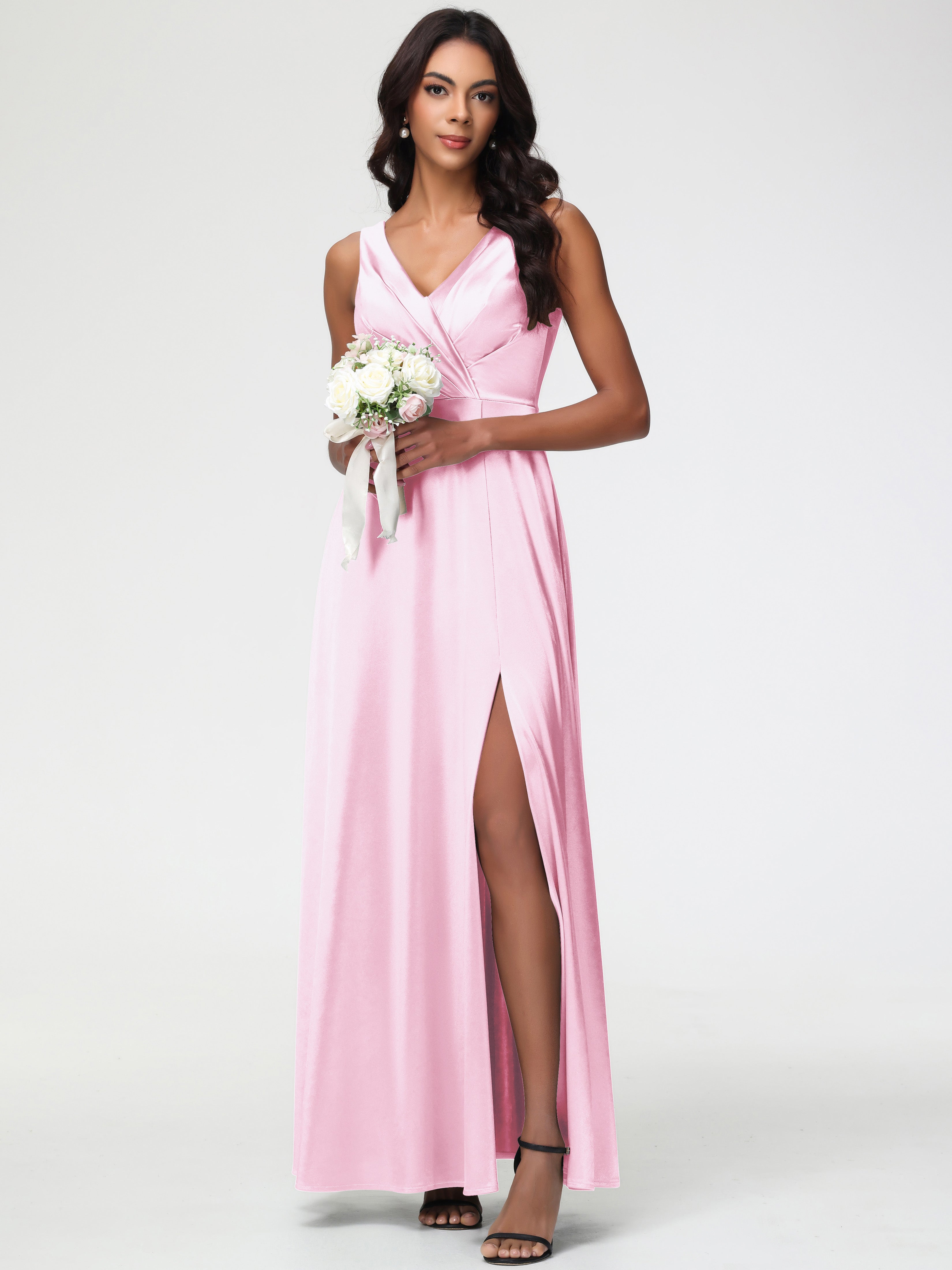 Blushing Pink Formal Dress Sleeveless Stretch Satin V-Neck Floor Length A Line Long Stretch Satin Formal Dresses