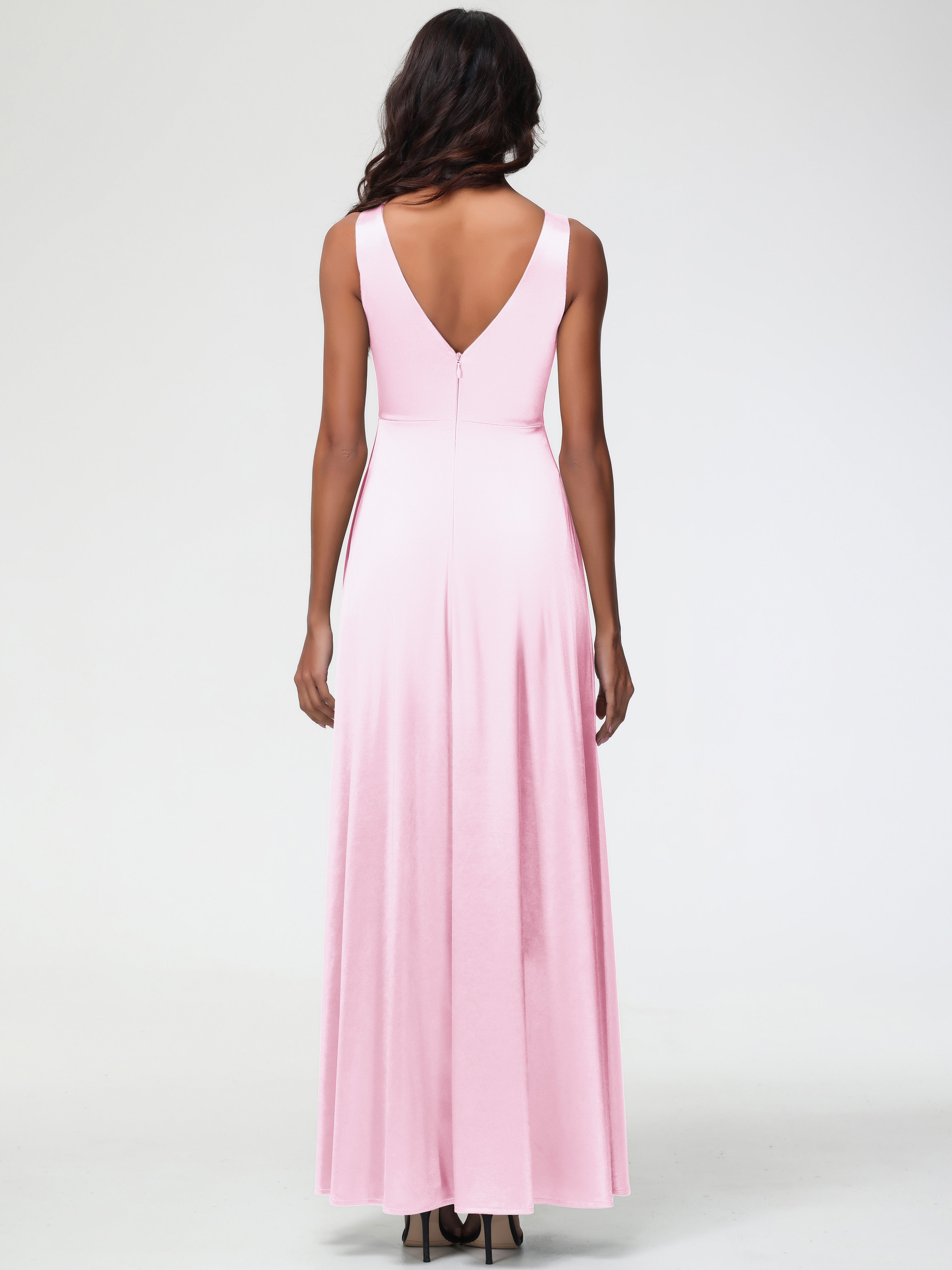 Blushing Pink Formal Dress Sleeveless Stretch Satin V-Neck Floor Length A Line Long Stretch Satin Formal Dresses